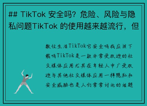 ## TikTok 安全吗？危险、风险与隐私问题TikTok 的使用越来越流行，但随之而来的安全